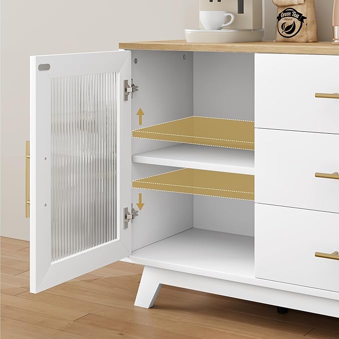 GarveeHome 56 Inch Buffet Cabinet Sideboard with Fluted Glass Doors and Gold Handles, Modern Sideboard Storage with Adjustable Shelves, Coffee Bar Cabinet for Kitchen Dining Room Living Room Entryway
