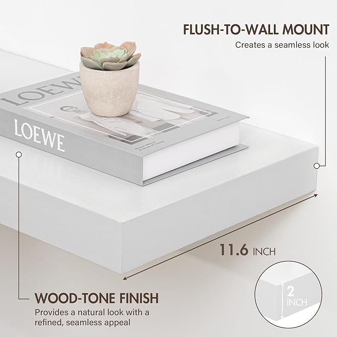 55 Inch Floating Shelves, 12" Deep Floating Shelf Wall Mounted, 55" Wall Shelves, Rustic Deep Bookshelf, Extra Deeper & Thicker Display Shelves for Bedroom, Living Room, White, Set of 2