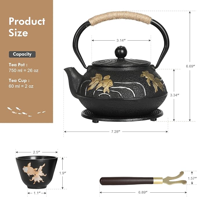 RekRang Hand-Painted Goldfish Cast Iron Teapot Set,Japanese Cast Iron Tea Kettle Set with Removeable Infuser and 4 Stainless Steel Cups,Traditional Tetsubin Tea Pot Sets for Stovetop 750ml/26oz
