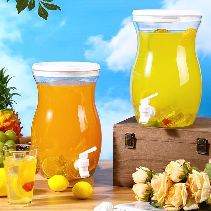 Havawish 2 Pcs 1 Gallon Plastic Beverage Dispenser with Spigot Clear Summer Kitchen Fridge Drink Dispenser for Parties Lemonade Juice Tea Beer Cold Water(White,Gourd)