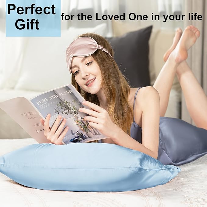 Silk Pillowcase for Hair and Skin with Hidden Zipper, Ravmix Both Sides 21Momme Mulberry Silk Cooling Pillow Case Queen Size 20×30inches, 1PCS, Light Blue