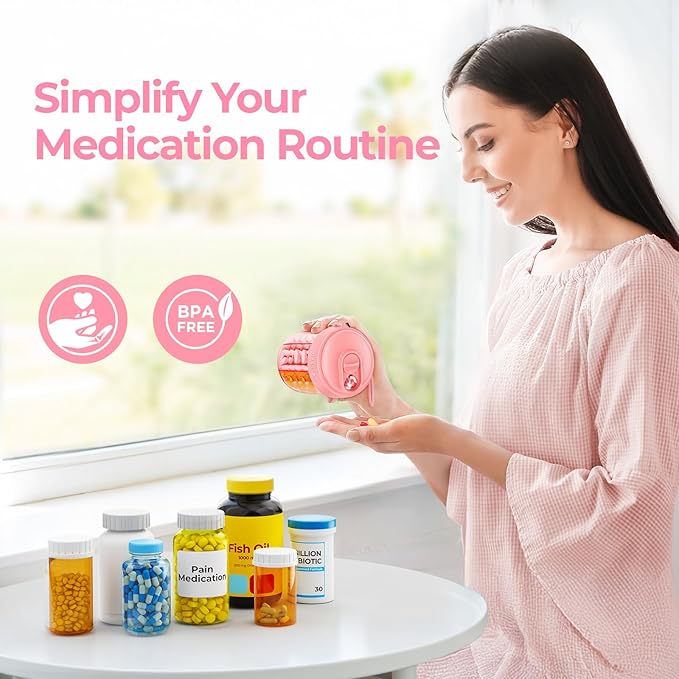 AUVON Large Pill Dispenser Can Store 7 Various Supplements, Travel Pill Organizer Bottle with Anti-Mix Design, Arthritis-friendly Pill Holder with Wide Opening & Slider Lid, Includes 20 Blank Stickers