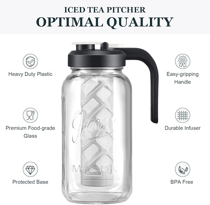 AOZITA Iced Tea Maker Pitcher with Infuser and Lid - 2 Quart Glass Mason Jar Pitcher Leak-proof Water Jug, Heavy Duty Glass Container for Tea, Water, Juice, Milk, Iced Coffee, and Drinks