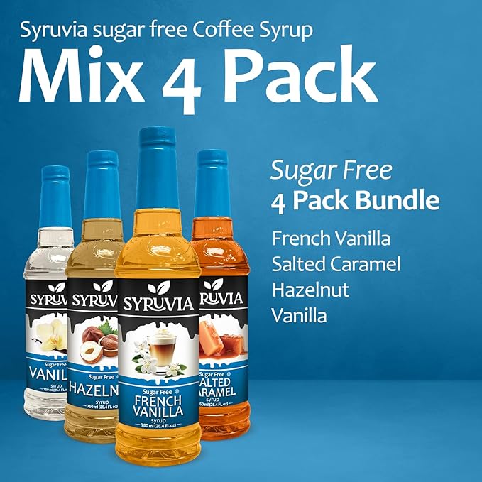 Syruvia Sugar Free Coffee Syrup Variety Pack: French Vanilla, Salted Caramel, Hazelnut, and Vanilla - Gluten-Free, Kosher, 25.4 fl oz Bottles - Enhance Your Coffee Experience,