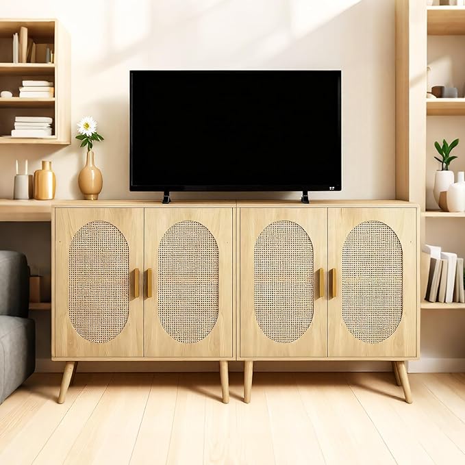 Storage Cabinet with Rattan Doors, Modern Farmhouse Coffee Bar Cabinet, Sideboard Buffet for Living Room, Entryway, Dining Room and Kitchen, Natural (Style one)