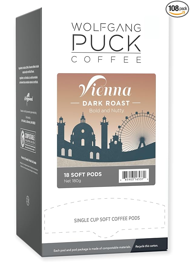 Wolfgang Puck Coffee, Vienna Coffee House, 9.5 Gram Soft Pods, 18 Count (Pack of 6)