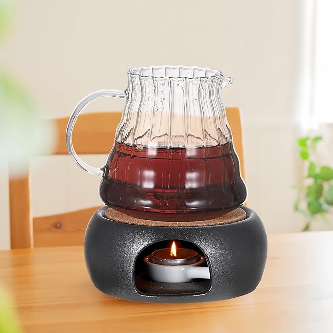 BSTKEY Teapot Warmer, Ceramic Tea Warmer with Tealight Holder and Cork Cushion, Teapot Heater for Heating Coffee Milk Tea (Black, Star Style)