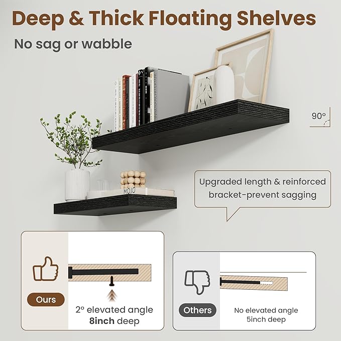 20 Inch Floating Shelves for Wall, 8 Inch Deep Floating Shelf for Storage & Display, Rustic Wall Mounted Shelf with Invisible Brackets for Living Room, Kitchen, Bathroom, Home Decor, Set of 2, Black