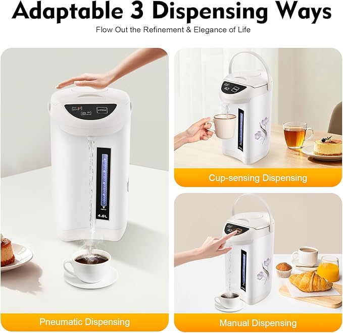 4L Electric Kettle, 135OZ Hot Water Urn Pot Dispenser Electric Tea Coffee Kettle with 3 Water Dispensing Modes, 750W Stainless Steel Boiler Warmer for Home Kitchen (White)
