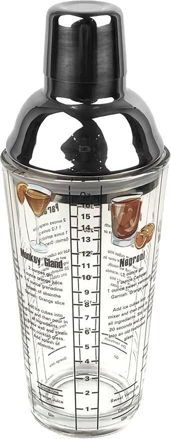 14 oz Recipe Glass Cocktail Shaker With Strainer Top - Includes 6 Cocktail Drink Recipes (Gin Theme)
