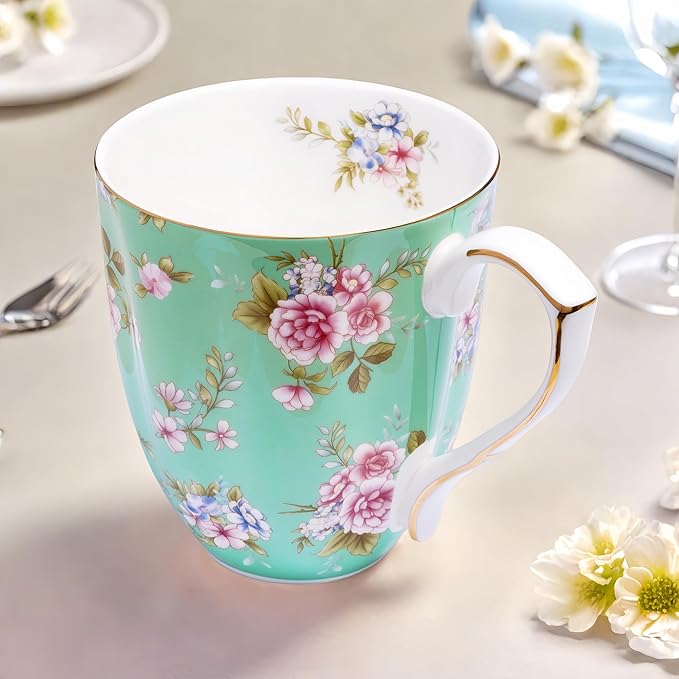 13oz Bone China Floral Mug with Gold Bone China Coffee Mugs Bone Teacup Christmas Mugs Birthday Gifts for Women Mom Friends Coworker