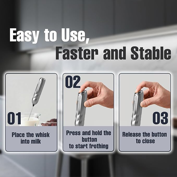 Handheld Milk Frother, Fast Powerful Drink Mixer Battery operated with Stainless Steel Whisk for Coffee (Silver)