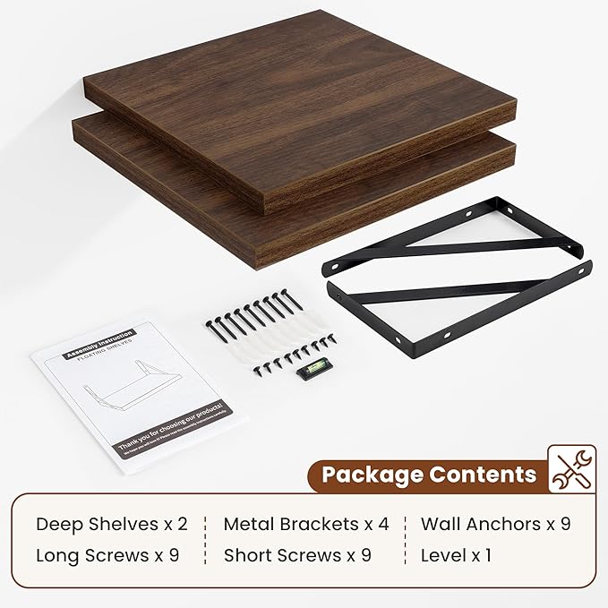 Deep Wall Shelves 12"W x 12"D Engineered Wood Floating Shelves for Wall, Sturdy Metal Bracket Bookshelves Home Decor Storage for Living Room Bedroom Bathroom Kitchen, Set of 2, Walnut Finish