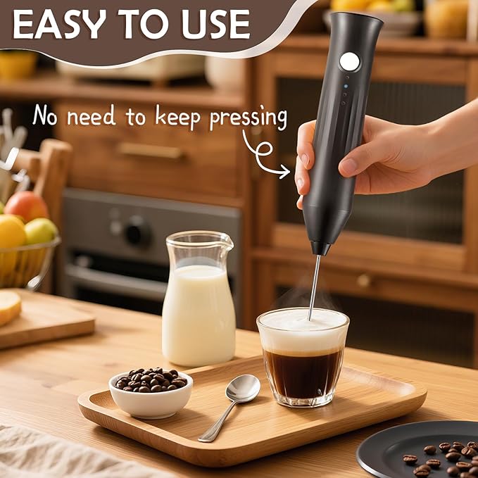 Milk Frother Handheld Rechargeable, Frother Wand Drink Mixer Electric Whisk for Coffee, Detachable With 2 Stainless Whisks, Hand Mixer for Lattes, Matcha, Egg, Gift for Christmas(Black)