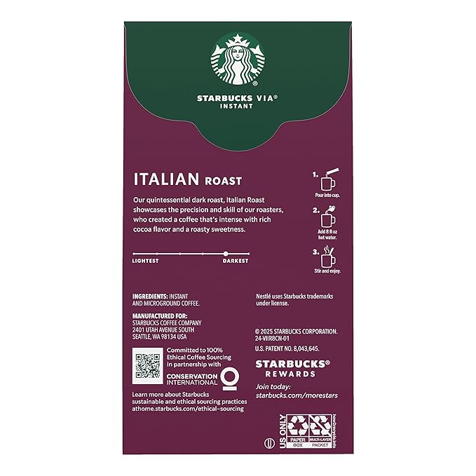 Starbucks VIA Instant Coffee, Dark Roast Coffee, Italian Roast, 100% Arabica, Single-Serve, 1 Box (50 Packets)