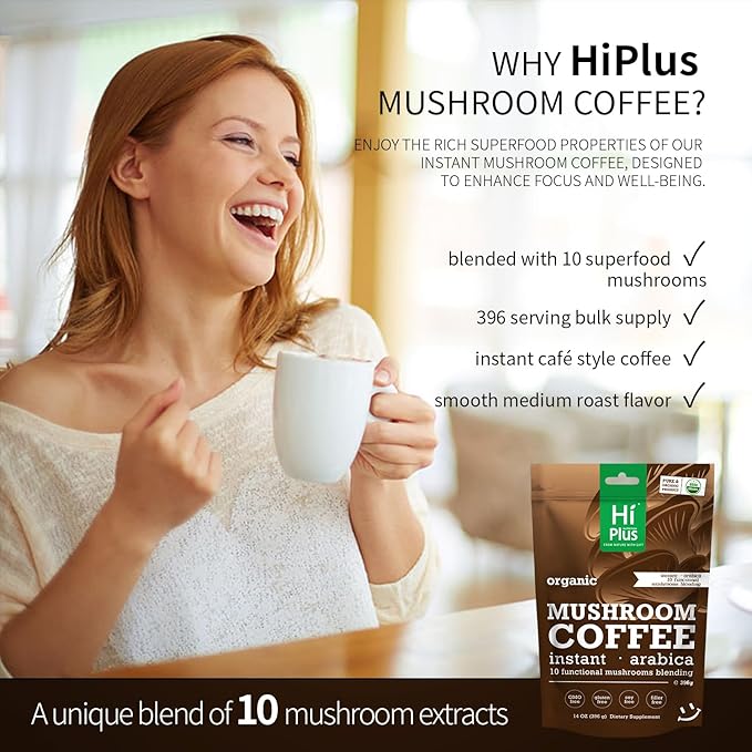 Organic 10-in-1 Mushroom Coffee Powder with Lion’s Mane & Reishi, Instant Arabica Blend for Smooth Energy, Focus & Immune Support, Low-Acid, 158 Servings