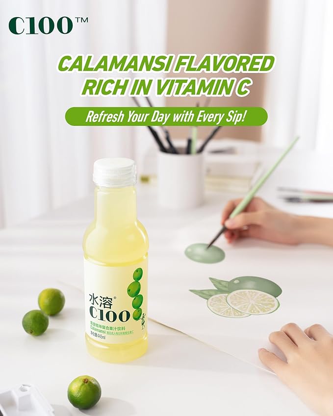 C100 Calamansi Flavored Composite Juice Drink，100mg Vitamin C Per Bottle, 12% Real Fruit Juice, -15 fl oz, 445mL, 15 Pack