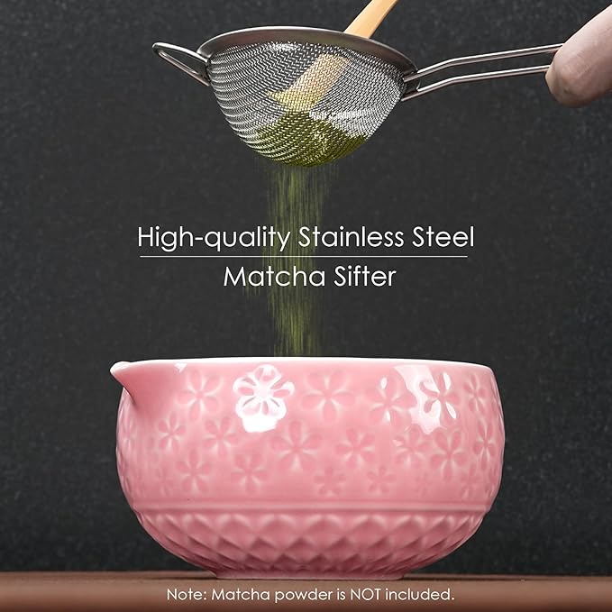 7Pcs Matcha Whisk Set, Ceramic Matcha Bowl with Spout, Bamboo Whisk and Holder,Bamboo Scoop,Scoop Rest,Sifter,Tea Towel, Matcha Kit with Cherry Blossom Carved Patterns for Matcha Lovers (Sakura Pink)