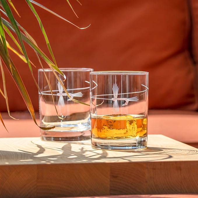 Rolf Glass Fly Fishing Double Old Fashioned Glass | 13oz Engraved Whiskey Tumblers | Set of 4 Lead-Free Crystal Glasses | Made in the US