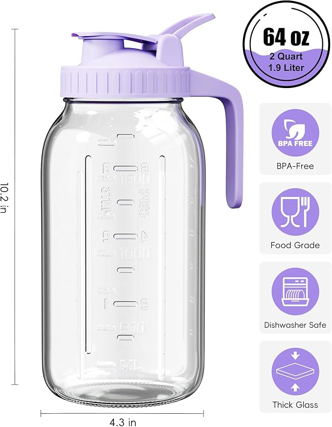 64oz Glass Mason Jar Pitcher with Lid Wide Mouth, 2 Quart Leakproof Glass Water Jug for Juice, Sun Iced Tea, Cold Brew Coffee, Milk Storage, Purple
