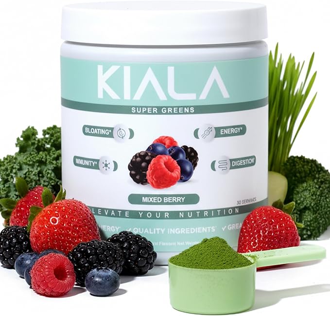 Kiala Nutrition Super Greens, Organic Greens Powder with Spirulina & Chlorella for Digestion, Gut Health, Immunity, Energy, Gluten Free, Vegan, Sugar Free, Mixed Berry, Spectra Blend, 30 Servings