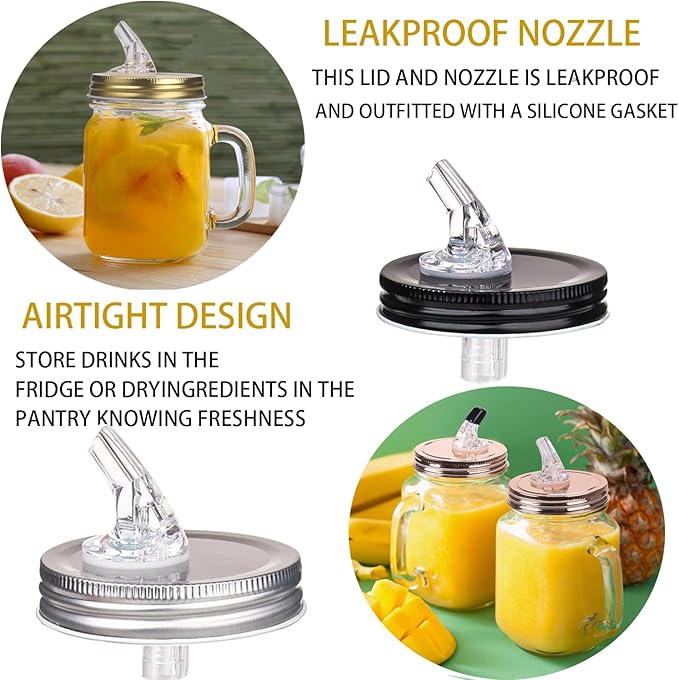 Mason Jar Pour Spouts. free flow Mason Jar Pour Spouts, mason jar for spout regular mouth size 70mm dispenser germination cover. Suitable for any liquid. Leak-Proof 2-Pack + 4 Black Lid Caps (2 Pack