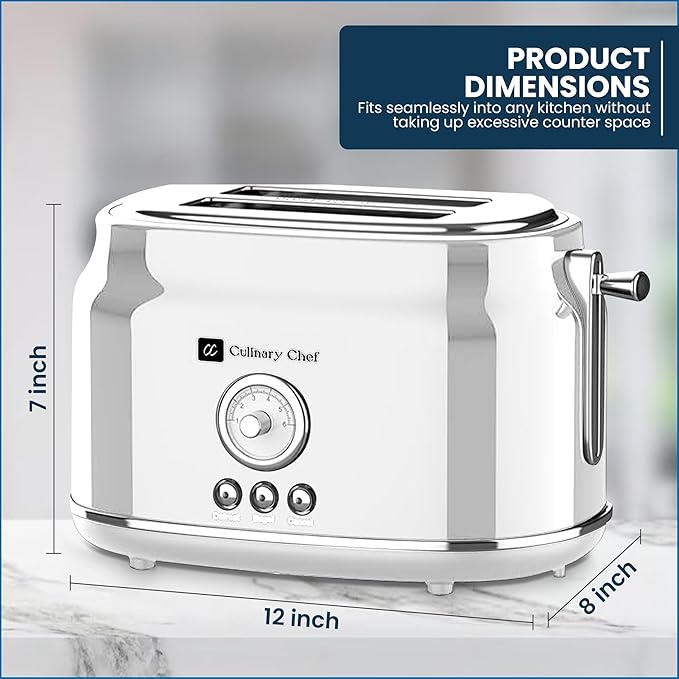 Frigidaire ETO102-WHITE, 2 Slice Toaster, Retro Style, Wide Slot for Bread, English Muffins, Croissants, and Bagels, 5 Adjustable Toast Settings, Cancel and Defrost, 900w, White