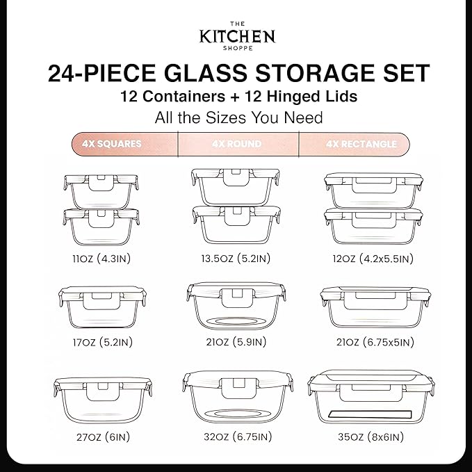 KITCHEN SHOPPE 24pc Borosilicate Glass Storage Containers with Airtight Lids | Heavy Duty, Non-Toxic Food Storage Containers for Pantry, Meal Prep, Lunch or Leftovers | Freezer/Oven/Microwave Safe