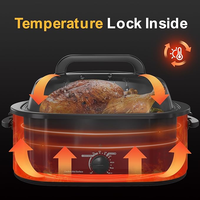 RoyalCraft 22-Quart Electric Roaster Oven with Visible Self-Basting Lid, Turkey Roaster Oven with Removable Pan and Rack, Perfect for Large Meals and Holiday Feasts, Red