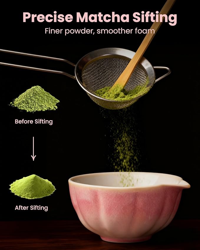 Handcrafted Matcha Kit, 7-Piece Green Tea Set, Includes Ceramic Bowl, Bamboo Whisk, Stainless Steel Sifter, Bamboo Scoop, Whisk Holder & Cotton Towel, Perfect for Tea Ceremony, Pink Big Flower