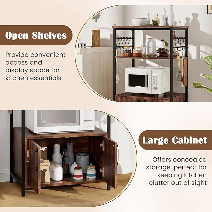 GOFLAME Kitchen Baker's Rack with Cabinet, 3-Tier Pantry Cabinet with 2 Open Shelves, 10 S-Shaped Hooks, Industrial Microwave Oven Stand with Metal Frame, Bookshelf Rack for Living Room, Brown