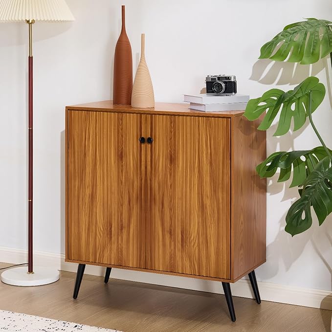 EROMMY Fluted Sideboard Buffet Cabinet, Wooden Storage Cabinet with Adjustable Shelf, Multifunctional Accent Cabinet with Adjustable Shelves for Dining Room, Living Room, Entry, Hallway, Walnut