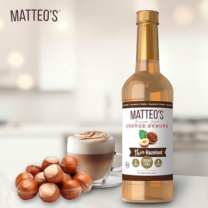 Matteo's Hazelnut Syrup for Coffee, Lattes, Cappuccinos & Desserts – Sugar-Free Sweetener for Beverages, Keto Friendly, Zero Calories, Indulgent Flavor, Non-Alcoholic, Ideal for Coffee 33.8oz (6pk)