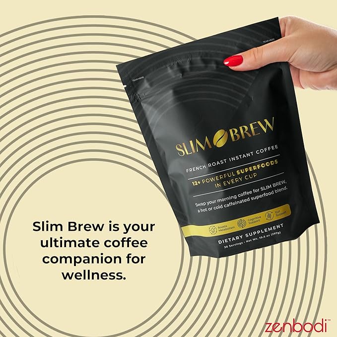 zenbodi Slim Brew French Roast Instant Coffee - 10.5 oz Superfood Coffee, Dietary Supplement, 12 Superfoods Including Maca Root, Panax Ginseng Extract, Turmeric Root, Kale Leaf, and More, 30 Servings