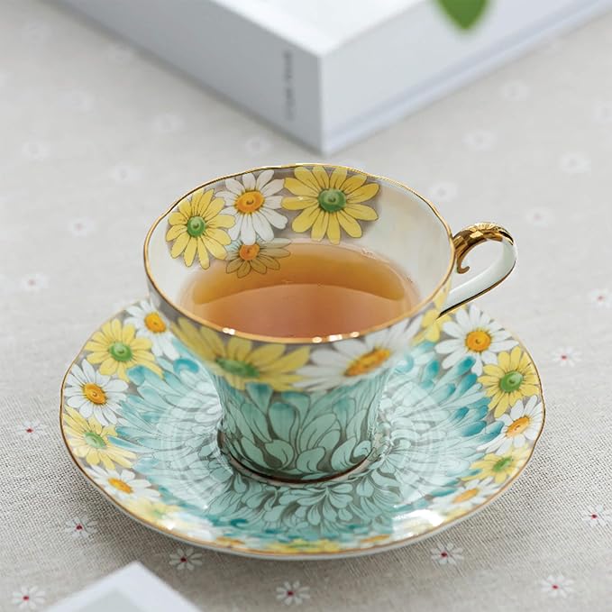 Aynsley Daisy Corset Fine Bone China Teacup & Saucer Set - 5oz (150ml), Hand-Painted Gold Trim, Christmas Gift for Tea Lovers, Elegant Afternoon Tea Set(Blue)