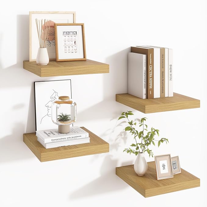 Fun Memories Square Floating Shelves for Wall - 9.3 Inch Deep Floating Shelves with Invisible Brackets, Oak Small Wall Shelf for Living Room, Bathroom, Bedroom, and Kitchen Decor，Set of 4