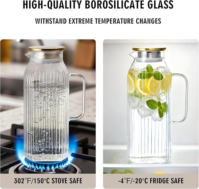 GLASKEY 2.1 Liter 71oz Square Glass Pitcher with Lid, Classic Stripes Water Pitchers with Handle for Fridge, Leak Proof Juice Jug, Borosilicate Glass Carafe for Hot/Cold Brew Drink