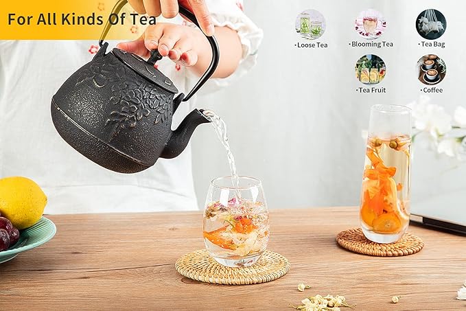 Toptier Cast Iron Tea Kettle, Stovetop Safe Japanese Cast Iron Teapot with Infuser, Leaf Design Tea Kettle for Stove Top Coated with Enameled Interior for 32 Ounce (950 ml), Creamy White