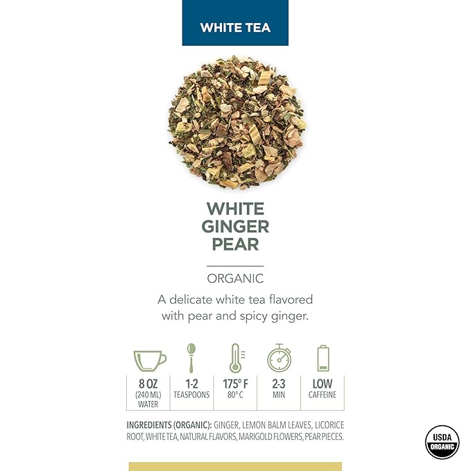 Teabloom Organic White Tea, White Ginger Pear Loose Leaf Tea, Distinctive and Delicate White Tea, USDA Certified Organic and Kosher Certified, 2.80 oz/80 g Canister Makes 35-50 Cups