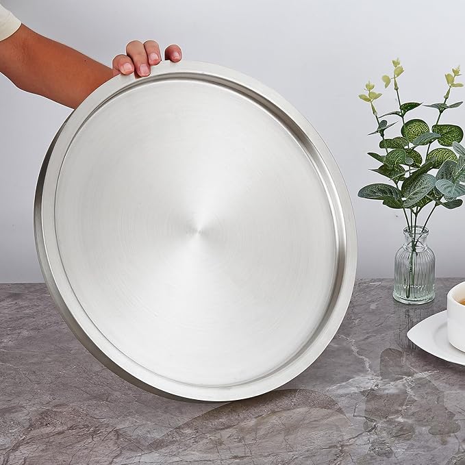 Stainless Steel Round Bar Serving Tray 12.5",Double Wall,Ideal Coffee Table, Decorative,Rotisserie Plate, Tea and Bar Serving,Silver