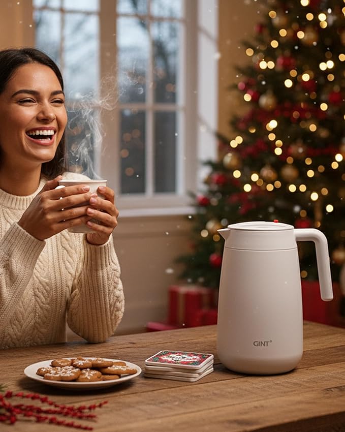GiNT 54Oz/1.6L Thermal Coffee Carafe Wide Mouth - Double Wall Vacuum Insulated Stainless Steel Beverage Dispenser with Safety Lock | 12H Hot & 24H Cold Retention (White)