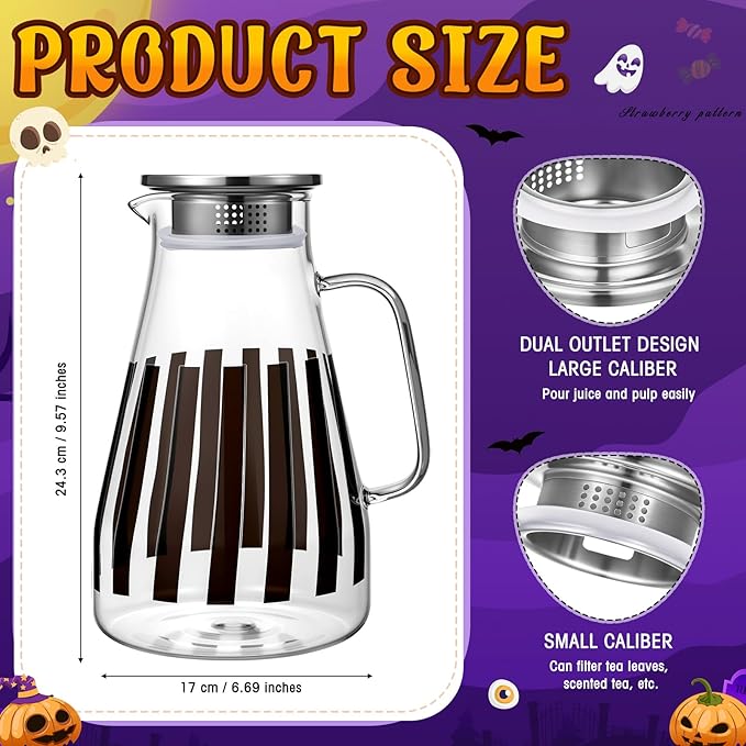 Domensi 74 oz / 2200 ml Glass Pitcher with Lid Water Pitcher with Handles Beverage Water Jar Glass Jug Hot and Cold Resistant Carafe for Tea Juice Milk Coffee Iced Beverage(Black Stripe)