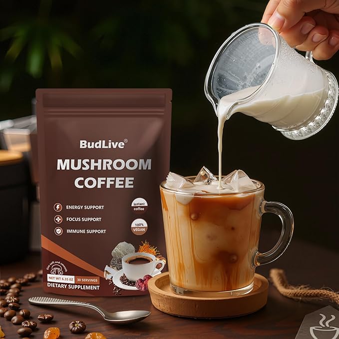 Mushroom Coffee with Lion's Mane, Reishi & Cordyceps – 6 Mushroom Adaptogen Blend for Focus, Energy, Digestion & Immune Support, Low Acid Instant Coffee Powder, 30 Servings