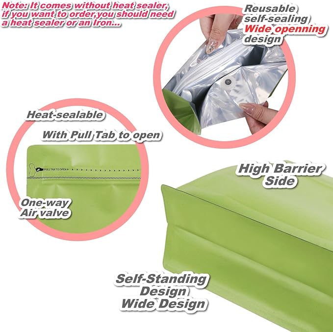 60 Pack High Barrier Stand-Up Coffee Bean Bags with Vented Valve Matte Metallic Heat-Sealable & Resealable Solid Color Pouches (Square,5.3 * 5.5 inch,1/4 lb,Avocado Green)