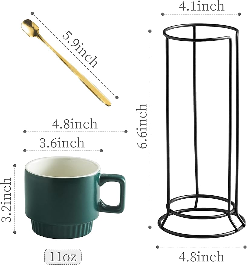 Stackable Coffee Mugs Set of 4 with Holder Spoons 11oz Ceramic Cappuccino Cups for Espresso Latte Tea Drinks, Dishwasher & Microwave Safe, Green