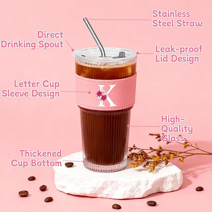 Personalized Gifts for Women,20oz Ribbed Glass Tumbler,Monogrammed Gifts for Women,Birthday Gift,Ice Coffee Mug,Christmas Gift for Mom Sister-K