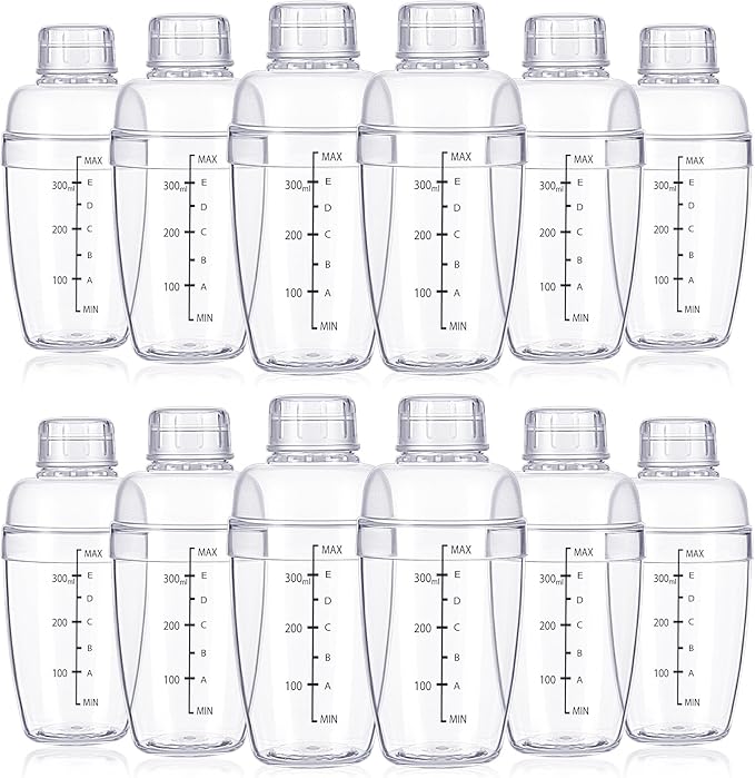 12 Pcs Plastic Cocktail Shaker with Scale and Strainer Top Clear Shaker Cup with Measurement Clear Plastic Bottle Cocktail Tea Measuring Jigger for Coffee Bubble Tea Milk, 350ml/12oz