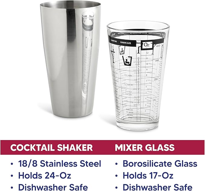 HIC Kitchen Bar Boston Cocktail Shaker and Mixer Glass Set with 7 Printed Recipes, 18/8 Stainless Steel and Borosilicate Glass