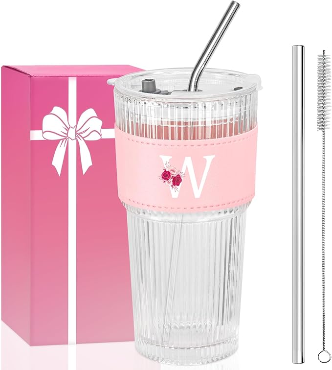Personalized Gifts for Women,20oz Ribbed Glass Tumbler,Monogrammed Gifts for Women,Birthday Gift,Ice Coffee Mug,Christmas Gift for Mom Sister-W
