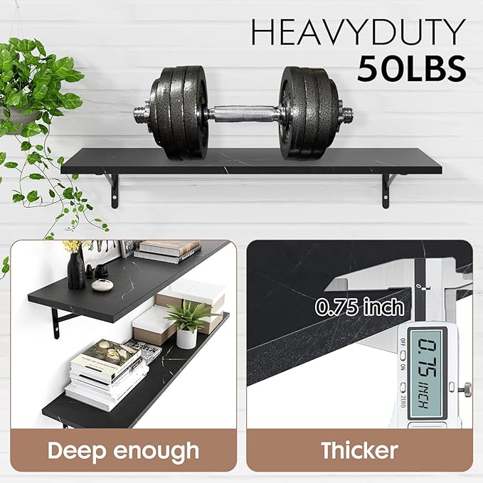 Kaboon 45 inch Long 10 inch Deep Floating Shelves for Wall Set of 2, Large Open Shelves Wall Mounted, Space Saving Home and Commercial Use, Cloud Atlas/Black Marble